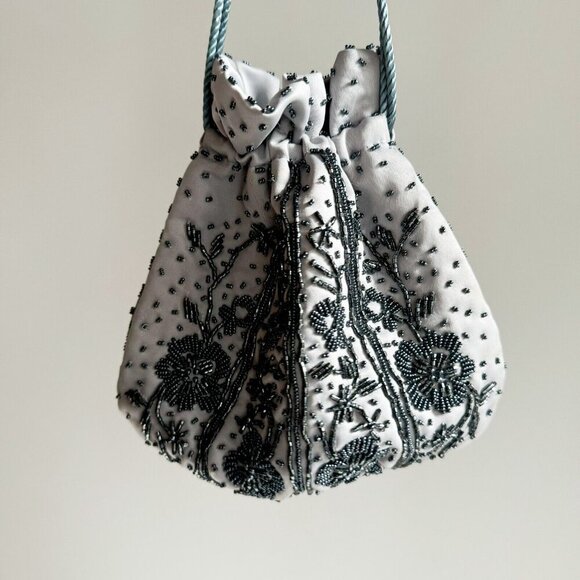 Light Grey Beaded Satin Drawstring Evening Purse - Picture 6 of 11